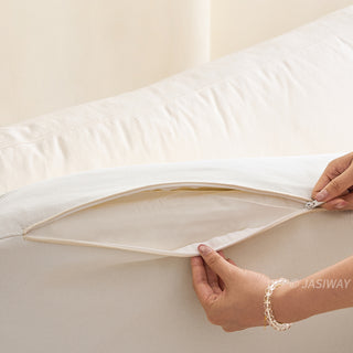 JASIWAY modern 3-seater sofa featuring a low-profile silhouette and a solid walnut-finished wood frame, upholstered in premium fabric or top grain leather, ideal for curated modern living room interiors.-Close-up of fabric