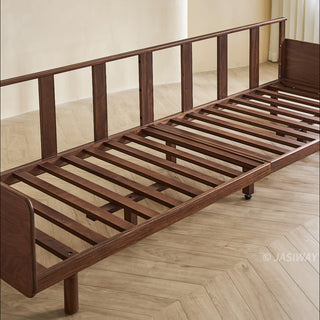 JASIWAY modern 3-seater sofa featuring a low-profile silhouette and a solid walnut-finished wood frame, upholstered in premium fabric or top grain leather, ideal for curated modern living room interiors.-Frame structure