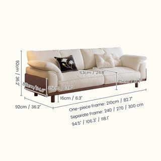 JASIWAY modern 3-seater sofa featuring a low-profile silhouette and a solid walnut-finished wood frame, upholstered in premium fabric or top grain leather, ideal for curated modern living room interiors.-Dimensions chart