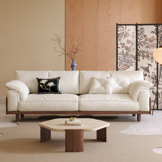 JASIWAY modern 3-seater sofa featuring a low-profile silhouette and a solid walnut-finished wood frame, upholstered in premium fabric or top grain leather, ideal for curated modern living room interiors.-Front view