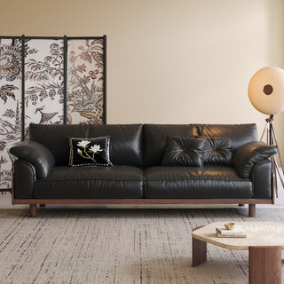 JASIWAY modern 3-seater sofa featuring a low-profile silhouette and a solid walnut-finished wood frame, upholstered in premium fabric or top grain leather, ideal for curated modern living room interiors.-Front view