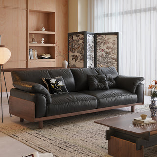 JASIWAY modern 3-seater sofa featuring a low-profile silhouette and a solid walnut-finished wood frame, upholstered in premium fabric or top grain leather, ideal for curated modern living room interiors.-Three-quarter view