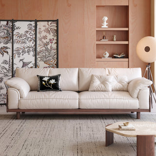 JASIWAY modern 3-seater sofa featuring a low-profile silhouette and a solid walnut-finished wood frame, upholstered in premium fabric or top grain leather, ideal for curated modern living room interiors.-Front view