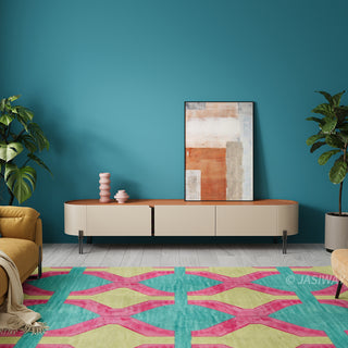 JASIWAY modern leather-wrapped TV stand featuring a curved solid wood body and 3 spacious storage drawers, minimalist cream and tan low-profile media console with sleek metal legs for contemporary living room entertainment setups.-Front view