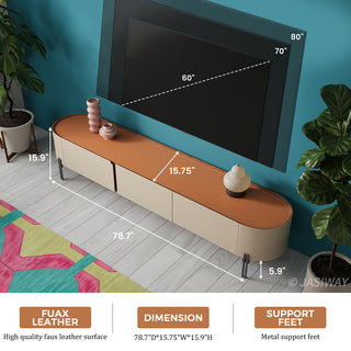JASIWAY modern leather-wrapped TV stand featuring a curved solid wood body and 3 spacious storage drawers, minimalist cream and tan low-profile media console with sleek metal legs for contemporary living room entertainment setups.-Dimensions chart
