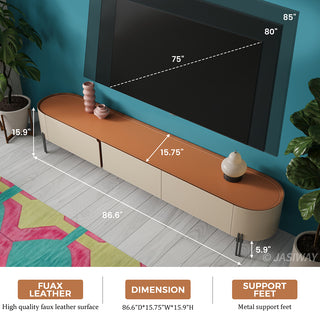 JASIWAY modern leather-wrapped TV stand featuring a curved solid wood body and 3 spacious storage drawers, minimalist cream and tan low-profile media console with sleek metal legs for contemporary living room entertainment setups.-Dimensions chart