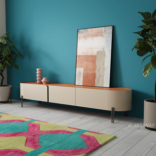 JASIWAY modern leather-wrapped TV stand featuring a curved solid wood body and 3 spacious storage drawers, minimalist cream and tan low-profile media console with sleek metal legs for contemporary living room entertainment setups.-Three-quarter view