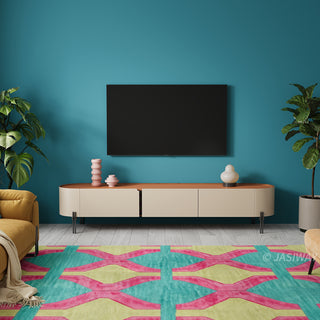 JASIWAY modern leather-wrapped TV stand featuring a curved solid wood body and 3 spacious storage drawers, minimalist cream and tan low-profile media console with sleek metal legs for contemporary living room entertainment setups.-Front view