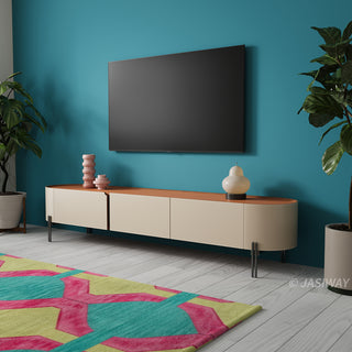 JASIWAY modern leather-wrapped TV stand featuring a curved solid wood body and 3 spacious storage drawers, minimalist cream and tan low-profile media console with sleek metal legs for contemporary living room entertainment setups.-Three-quarter view