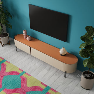 JASIWAY modern leather-wrapped TV stand featuring a curved solid wood body and 3 spacious storage drawers, minimalist cream and tan low-profile media console with sleek metal legs for contemporary living room entertainment setups.-High-angle view