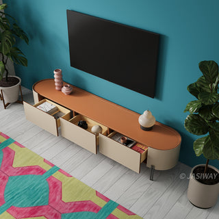 JASIWAY modern leather-wrapped TV stand featuring a curved solid wood body and 3 spacious storage drawers, minimalist cream and tan low-profile media console with sleek metal legs for contemporary living room entertainment setups.-High-angle view with drawers open