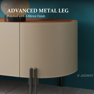 JASIWAY modern leather-wrapped TV stand featuring a curved solid wood body and 3 spacious storage drawers, minimalist cream and tan low-profile media console with sleek metal legs for contemporary living room entertainment setups.-Close-up of material texture