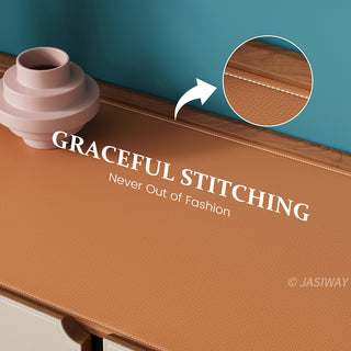 JASIWAY modern leather-wrapped TV stand featuring a curved solid wood body and 3 spacious storage drawers, minimalist cream and tan low-profile media console with sleek metal legs for contemporary living room entertainment setups.-Close-up of surface stitching