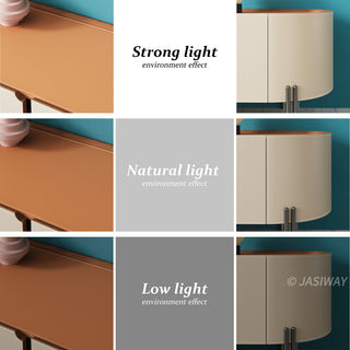 JASIWAY modern leather-wrapped TV stand featuring a curved solid wood body and 3 spacious storage drawers, minimalist cream and tan low-profile media console with sleek metal legs for contemporary living room entertainment setups.-Multi-lighting environment comparison