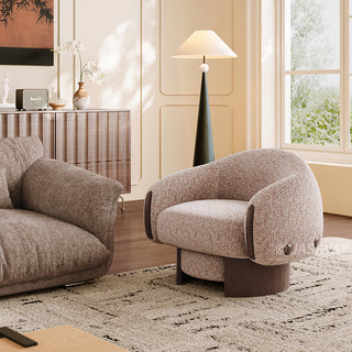 JASIWAY modern mushroom swivel accent chair, 180-degree memory return barrel chair featuring premium beige chenille upholstery, ergonomic curved backrest, and solid wood base for upscale living room interiors.-Three-quarter view