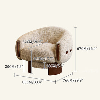JASIWAY modern mushroom swivel accent chair, 180-degree memory return barrel chair featuring premium beige chenille upholstery, ergonomic curved backrest, and solid wood base for upscale living room interiors.-Dimensions chart
