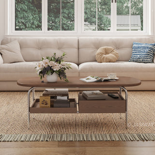 JASIWAY mid-century modern oval coffee table featuring a walnut-finish wood tabletop with smooth rounded edges, integrated lower storage shelf, and a built-in drawer for living room organization, ideal for small-space functionality.-Front view