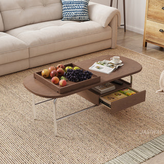 JASIWAY mid-century modern oval coffee table featuring a walnut-finish wood tabletop with smooth rounded edges, integrated lower storage shelf, and a built-in drawer for living room organization, ideal for small-space functionality.-Three-quarter view with drawer open