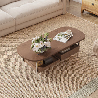 JASIWAY mid-century modern oval coffee table featuring a walnut-finish wood tabletop with smooth rounded edges, integrated lower storage shelf, and a built-in drawer for living room organization, ideal for small-space functionality.-High-angle view