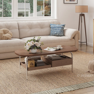 JASIWAY mid-century modern oval coffee table featuring a walnut-finish wood tabletop with smooth rounded edges, integrated lower storage shelf, and a built-in drawer for living room organization, ideal for small-space functionality.-Three-quarter view