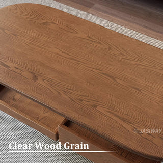 JASIWAY mid-century modern oval coffee table featuring a walnut-finish wood tabletop with smooth rounded edges, integrated lower storage shelf, and a built-in drawer for living room organization, ideal for small-space functionality.-Close-up of tabletop texture