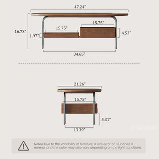JASIWAY mid-century modern oval coffee table featuring a walnut-finish wood tabletop with smooth rounded edges, integrated lower storage shelf, and a built-in drawer for living room organization, ideal for small-space functionality.-Dimensions chart