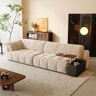 JASIWAY modern power sliding sofa featuring extra-deep electric extendable seats, and built-in side storage console with a rotating wooden tray table and USB charging ports, designed for bed-like lounging and ergonomic comfort.-Three-quarter view with sofa mode