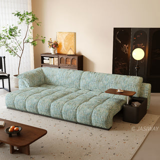 JASIWAY modern power sliding sofa featuring extra-deep electric extendable seats, and built-in side storage console with a rotating wooden tray table and USB charging ports, designed for bed-like lounging and ergonomic comfort.-Three-quarter view with bed mode