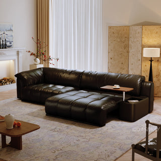 JASIWAY modern power sliding sofa featuring extra-deep electric extendable seats, and built-in side storage console with a rotating wooden tray table and USB charging ports, designed for bed-like lounging and ergonomic comfort.-Three-quarter view with recliner mode