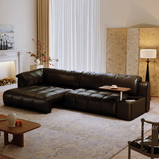 JASIWAY modern power sliding sofa featuring extra-deep electric extendable seats, and built-in side storage console with a rotating wooden tray table and USB charging ports, designed for bed-like lounging and ergonomic comfort.-Three-quarter view with recliner mode