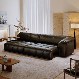 JASIWAY modern power sliding sofa featuring extra-deep electric extendable seats, and built-in side storage console with a rotating wooden tray table and USB charging ports, designed for bed-like lounging and ergonomic comfort.-Three-quarter view with bed mode
