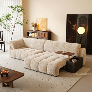 JASIWAY modern power sliding sofa featuring extra-deep electric extendable seats, and built-in side storage console with a rotating wooden tray table and USB charging ports, designed for bed-like lounging and ergonomic comfort.-Three-quarter view with recliner mode