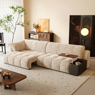 JASIWAY modern power sliding sofa featuring extra-deep electric extendable seats, and built-in side storage console with a rotating wooden tray table and USB charging ports, designed for bed-like lounging and ergonomic comfort.-Three-quarter view with recliner mode
