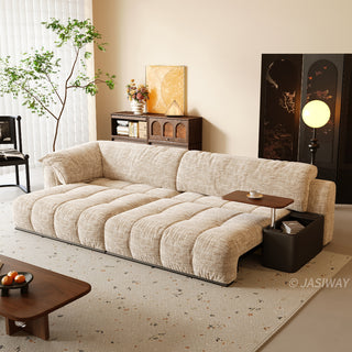 JASIWAY modern power sliding sofa featuring extra-deep electric extendable seats, and built-in side storage console with a rotating wooden tray table and USB charging ports, designed for bed-like lounging and ergonomic comfort.-Three-quarter view with bed mode