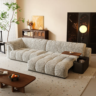 JASIWAY modern power sliding sofa featuring extra-deep electric extendable seats, and built-in side storage console with a rotating wooden tray table and USB charging ports, designed for bed-like lounging and ergonomic comfort.-Three-quarter view with recliner mode
