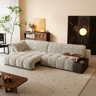 JASIWAY modern power sliding sofa featuring extra-deep electric extendable seats, and built-in side storage console with a rotating wooden tray table and USB charging ports, designed for bed-like lounging and ergonomic comfort.-Three-quarter view with recliner mode