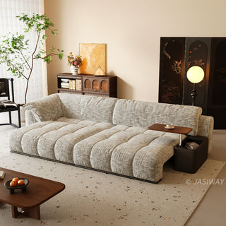 JASIWAY modern power sliding sofa featuring extra-deep electric extendable seats, and built-in side storage console with a rotating wooden tray table and USB charging ports, designed for bed-like lounging and ergonomic comfort.-Three-quarter view with bed mode