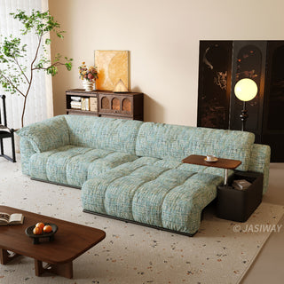 JASIWAY modern power sliding sofa featuring extra-deep electric extendable seats, and built-in side storage console with a rotating wooden tray table and USB charging ports, designed for bed-like lounging and ergonomic comfort.-Three-quarter view with recliner mode