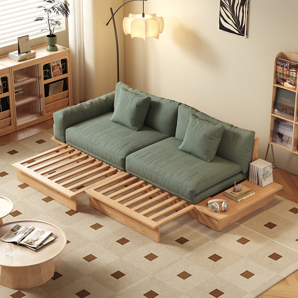 JASIWAY Modern Pull-Out Floor Sofa Bed with Reversible Armrests & Lift-Top Storage Green Corduroy / Light Wood Color Frame