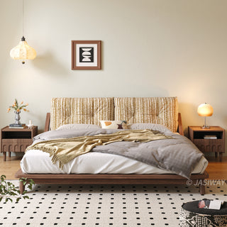 JASIWAY modern low-profile solid wood platform bed featuring ash wood frame, a sturdy floating-style base, and ergonomic split-cushion support, blending mid-century modern craftsmanship with minimalist aesthetics for luxury home interiors.-Front view