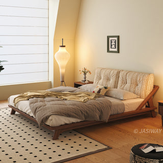 JASIWAY modern low-profile solid wood platform bed featuring ash wood frame, a sturdy floating-style base, and ergonomic split-cushion support, blending mid-century modern craftsmanship with minimalist aesthetics for luxury home interiors.-Diagonal view