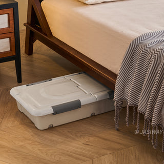 JASIWAY modern low-profile solid wood platform bed featuring ash wood frame, a sturdy floating-style base, and ergonomic split-cushion support, blending mid-century modern craftsmanship with minimalist aesthetics for luxury home interiors.-Close-up of storage detail