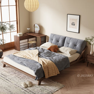 JASIWAY modern low-profile solid wood platform bed featuring ash wood frame, a sturdy floating-style base, and ergonomic split-cushion support, blending mid-century modern craftsmanship with minimalist aesthetics for luxury home interiors.-High-angle view