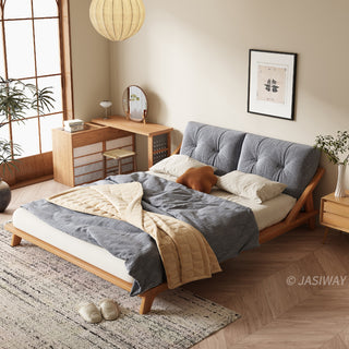 JASIWAY modern low-profile solid wood platform bed featuring ash wood frame, a sturdy floating-style base, and ergonomic split-cushion support, blending mid-century modern craftsmanship with minimalist aesthetics for luxury home interiors.-High-angle view