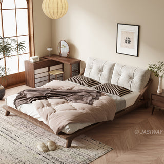JASIWAY modern low-profile solid wood platform bed featuring ash wood frame, a sturdy floating-style base, and ergonomic split-cushion support, blending mid-century modern craftsmanship with minimalist aesthetics for luxury home interiors.-High-angle view