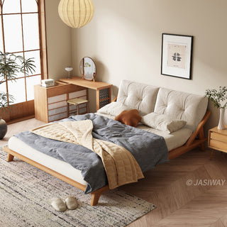 JASIWAY modern low-profile solid wood platform bed featuring ash wood frame, a sturdy floating-style base, and ergonomic split-cushion support, blending mid-century modern craftsmanship with minimalist aesthetics for luxury home interiors.-High-angle view