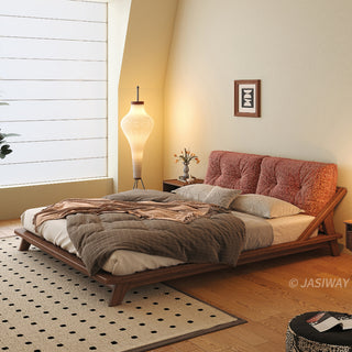 JASIWAY modern low-profile solid wood platform bed featuring ash wood frame, a sturdy floating-style base, and ergonomic split-cushion support, blending mid-century modern craftsmanship with minimalist aesthetics for luxury home interiors.-Diagonal view