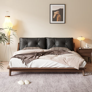 JASIWAY modern low-profile solid wood platform bed featuring ash wood frame, a sturdy floating-style base, and ergonomic split-cushion support, blending mid-century modern craftsmanship with minimalist aesthetics for luxury home interiors.-Front view