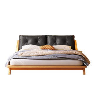 JASIWAY modern low-profile solid wood platform bed featuring ash wood frame, a sturdy floating-style base, and ergonomic split-cushion support, blending mid-century modern craftsmanship with minimalist aesthetics for luxury home interiors.-Front studio view