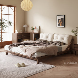 JASIWAY modern low-profile solid wood platform bed featuring ash wood frame, a sturdy floating-style base, and ergonomic split-cushion support, blending mid-century modern craftsmanship with minimalist aesthetics for luxury home interiors.-Three-quarter view